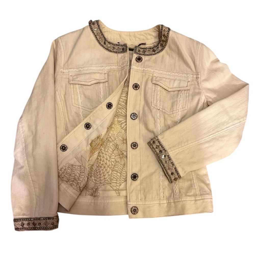ELIE TAHARI Cotton Leather Blingy Trim Jacket in Cream Size Small — GORGEOUS!!! - Picture 5 of 11